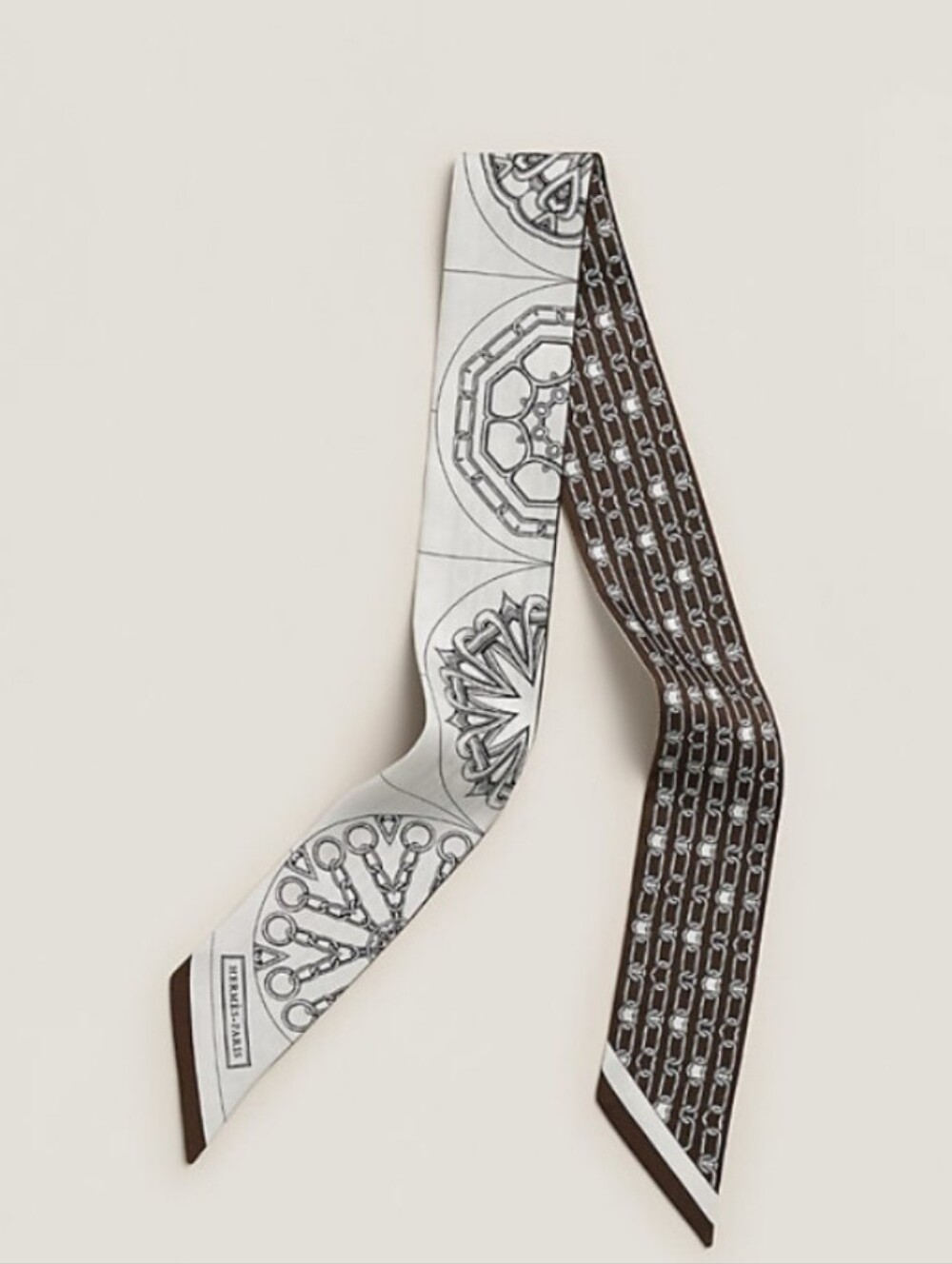 Hermes Two-Sided Silk Twilly in White and Brown